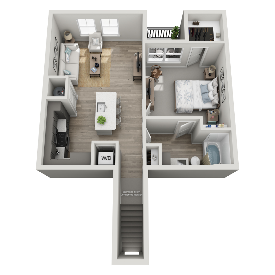 Rendering of the A2-U floor plan with 1 bedroom[s] and 1 bathroom[s] at Milo (Garden)